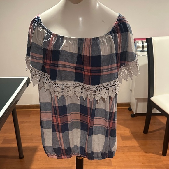 Paper Tee Blue and Pink Plaid Off-Shoulder Blouse - Picture 1 of 2